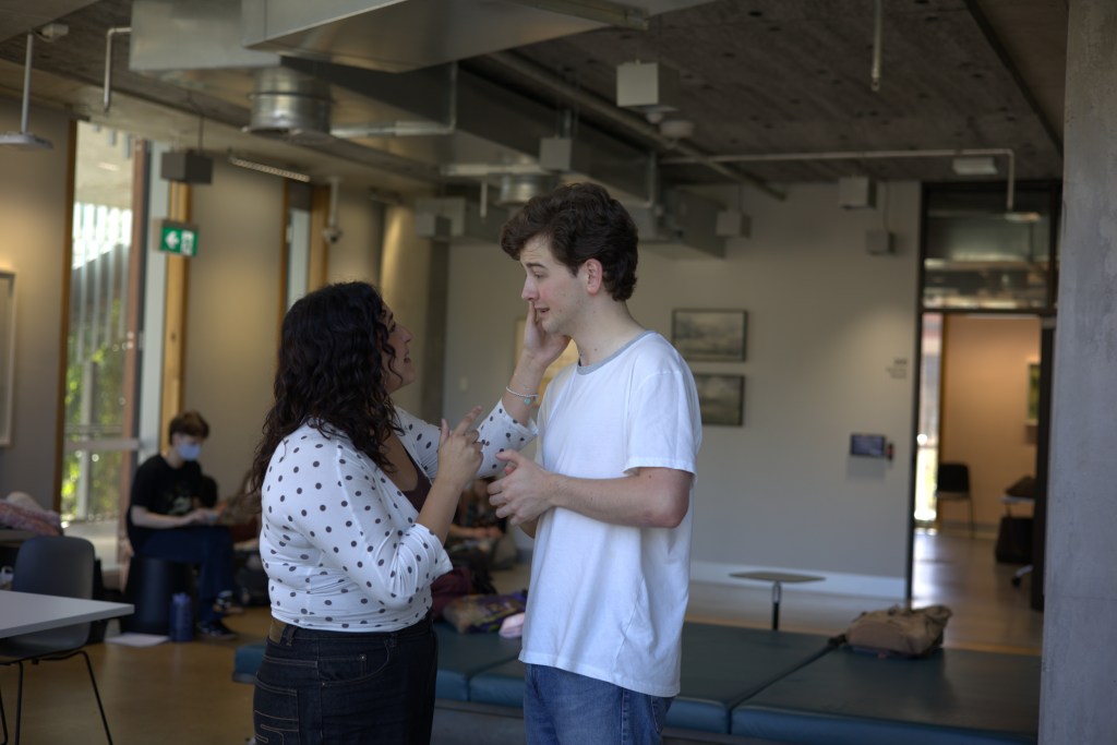 An image of Giulia and Flynn in rehearsals for Macbeth